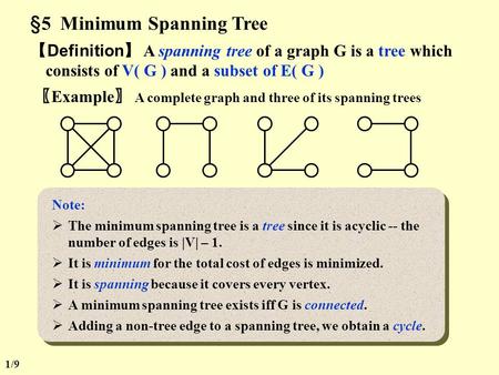 §5 Minimum Spanning Tree 【 Definition 】 A spanning tree of a graph G is a tree which consists of V( G ) and a subset of E( G ) 〖 Example 〗 A complete.
