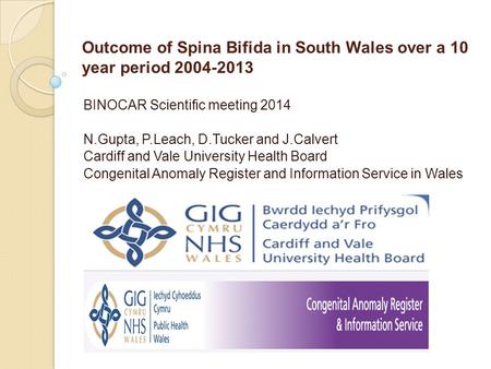 Outcome of Spina Bifida in South Wales over a 10 year period 2004-2013 BINOCAR Scientific meeting 2014 N.Gupta, P.Leach, D.Tucker and J.Calvert Cardiff.