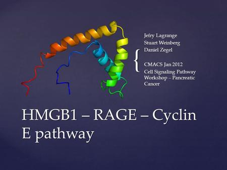 { Jefry Lagrange Stuart Weinberg Daniel Zegel CMACS Jan 2012 Cell Signaling Pathway Workshop – Pancreatic Cancer HMGB1 – RAGE – Cyclin E pathway.