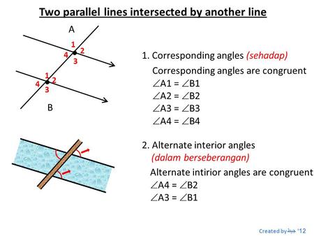 Two parallel lines intersected by another line   A B 1 1 2 2 3 3 4 4 1. Corresponding angles (sehadap) Corresponding angles are congruent  A1 =  B1.
