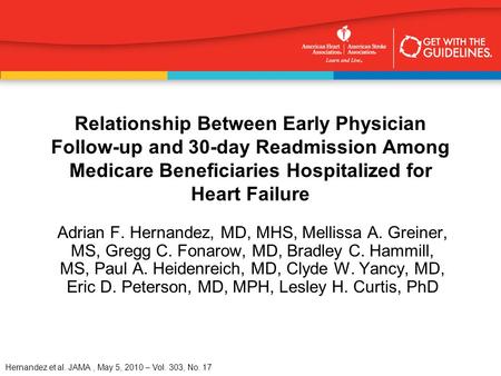 Hernandez et al. JAMA, May 5, 2010 – Vol. 303, No. 17 Relationship Between Early Physician Follow-up and 30-day Readmission Among Medicare Beneficiaries.