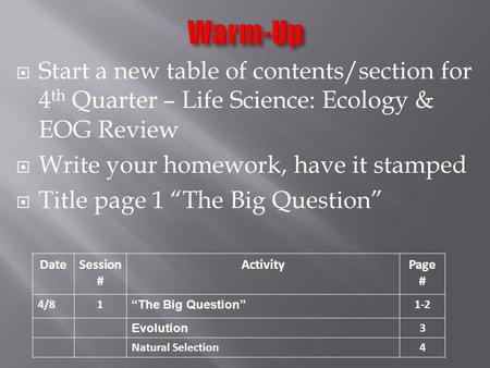 Warm-Up Start a new table of contents/section for 4th Quarter – Life Science: Ecology & EOG Review Write your homework, have it stamped Title page 1 “The.