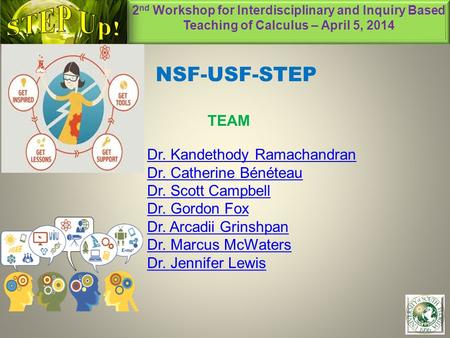 2 nd Workshop for Interdisciplinary and Inquiry Based Teaching of Calculus – April 5, 2014 1 NSF-USF-STEP TEAM Dr. Kandethody Ramachandran Dr. Catherine.