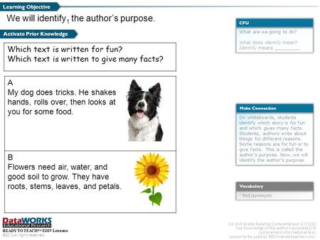 CA 2nd Grade Reading Comprehension 2.3 (2Q) Use knowledge of the author’s purpose(s) to comprehend informational text. Lesson to be used by EDI-trained.