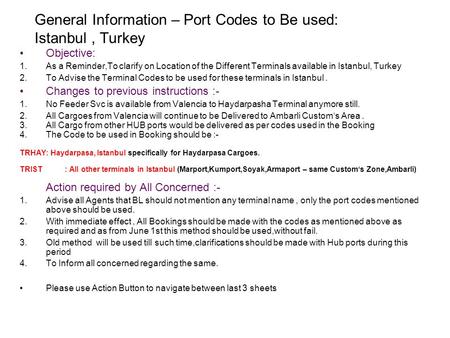 General Information – Port Codes to Be used: Istanbul , Turkey