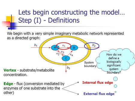 Lets begin constructing the model… Step (I) - Definitions We begin with a very simple imaginary metabolic network represented as a directed graph: Vertex.