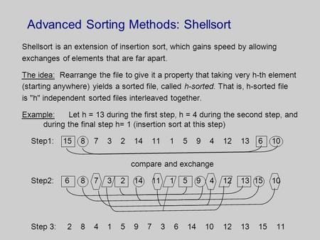 Advanced Sorting Methods: Shellsort Shellsort is an extension of insertion sort, which gains speed by allowing exchanges of elements that are far apart.