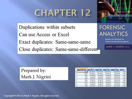 Duplications within subsets Can use Access or Excel Exact duplicates: Same-same-same Close duplicates: Same-same-different Prepared by: Mark J. Nigrini.
