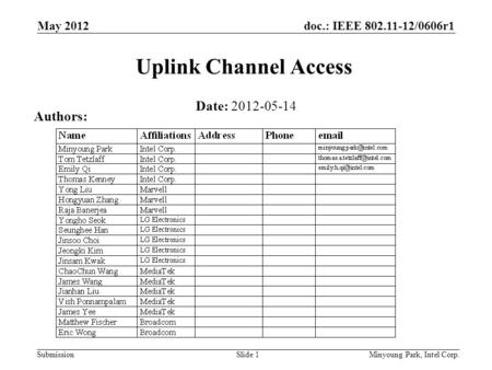 Doc.: IEEE 802.11-12/0606r1 Submission Uplink Channel Access Date: 2012-05-14 Authors: May 2012 Minyoung Park, Intel Corp.Slide 1.