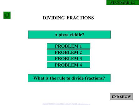 1 STANDARD 1.2 DIVIDING FRACTIONS PROBLEM 1 PROBLEM 3 PROBLEM 2 PROBLEM 4 A pizza riddle? What is the rule to divide fractions? END SHOW PRESENTATION CREATED.