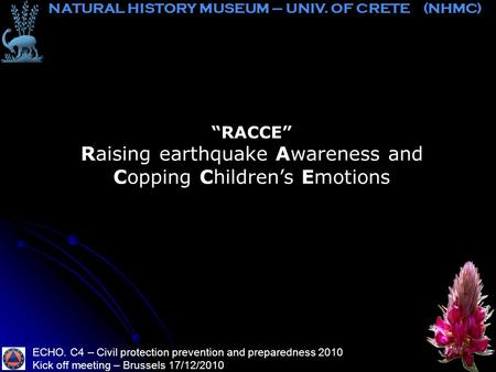 “RACCE” Raising earthquake Awareness and Copping Children’s Emotions ECHO. C4 – Civil protection prevention and preparedness 2010 Kick off meeting – Brussels.