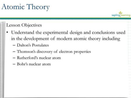 Atomic Theory Lesson Objectives