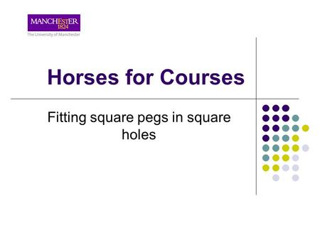 Horses for Courses Fitting square pegs in square holes.