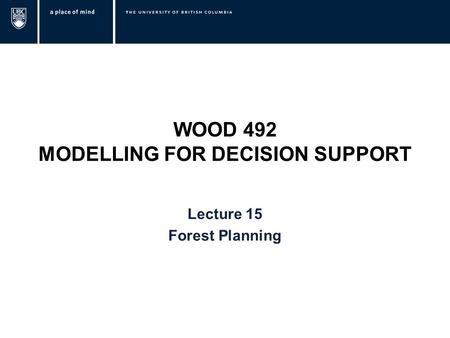 WOOD 492 MODELLING FOR DECISION SUPPORT Lecture 15 Forest Planning.