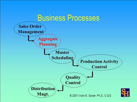Business Processes Sales Order Management Aggregate Planning Master Scheduling Production Activity Control Quality Control Distribution Mngt. © 2001 Victor.