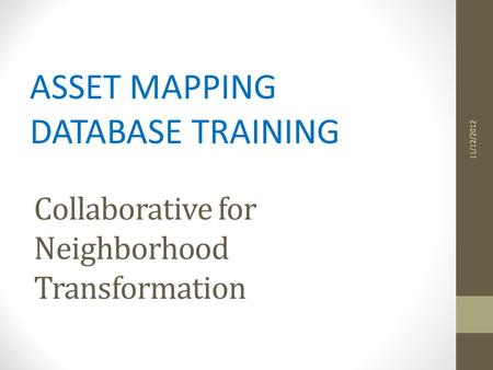 Collaborative for Neighborhood Transformation ASSET MAPPING DATABASE TRAINING 11/12/2012.