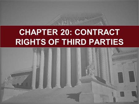 CHAPTER 20: CONTRACT RIGHTS OF THIRD PARTIES. Learning Objectives: Contracts for Benefit of Third Parties Assignments:  Rights  Duties Novation Chapter.