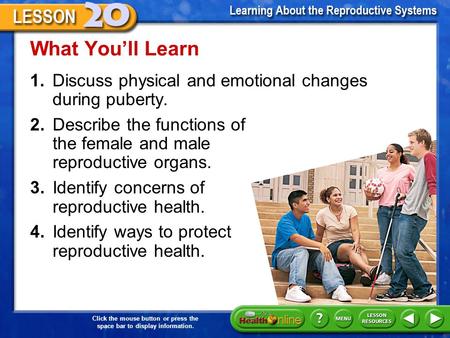 What You’ll Learn 1.	Discuss physical and emotional changes during puberty. 2.	Describe the functions of the female and male reproductive organs. 3.	Identify.