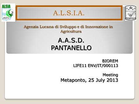 Agenzia Lucana di Sviluppo e di Innovazione in Agricoltura A.L.S.I.A. A.A.S.D.PANTANELLO BIOREM LIFE11 ENV/IT/000113 Meeting Metaponto, 25 July 2013.
