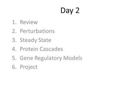 Day 2 1.Review 2.Perturbations 3.Steady State 4.Protein Cascades 5.Gene Regulatory Models 6.Project.