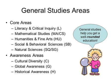 General Studies Areas Core Areas –Literacy & Critical Inquiry (L) –Mathematical Studies (MA/CS) –Humanities & Fine Arts (HU) –Social & Behavioral Sciences.
