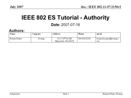 Doc.: IEEE 802.11-07/2150r2 Submission July 2007 Richard Paine, BoeingSlide 1 IEEE 802 ES Tutorial - Authority Date: 2007-07-16 Authors: