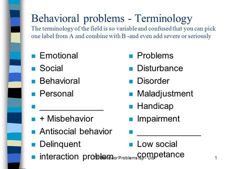 TE Behavior Problems Isp - Uio1 Behavioral problems - Terminology The terminology of the field is so variable and confused that you can pick one label.
