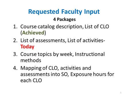 Requested Faculty Input 4 Packages 1.Course catalog description, List of CLO (Achieved) 2.List of assessments, List of activities- Today 3.Course topics.