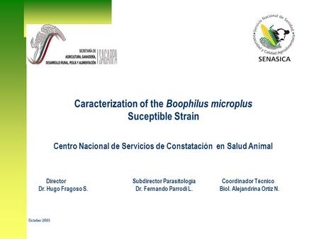 Caracterization of the Boophilus microplus Suceptible Strain Centro Nacional de Servicios de Constatación en Salud Animal Director Subdirector Parasitología.