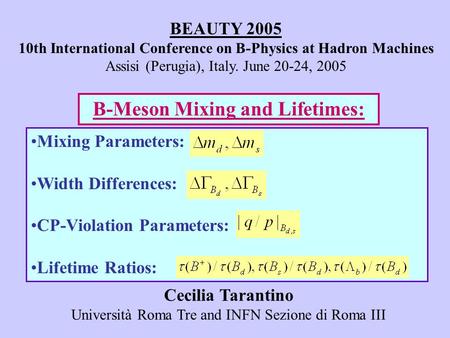 BEAUTY 2005 10th International Conference on B-Physics at Hadron Machines Assisi (Perugia), Italy. June 20-24, 2005 Mixing Parameters: Width Differences: