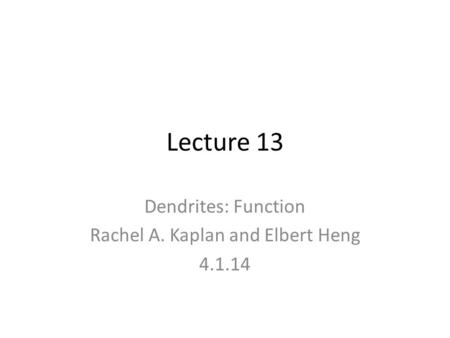 Lecture 13 Dendrites: Function Rachel A. Kaplan and Elbert Heng 4.1.14.
