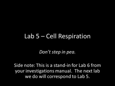 Lab 5 – Cell Respiration Don’t step in pea. Side note: This is a stand-in for Lab 6 from your investigations manual. The next lab we do will correspond.