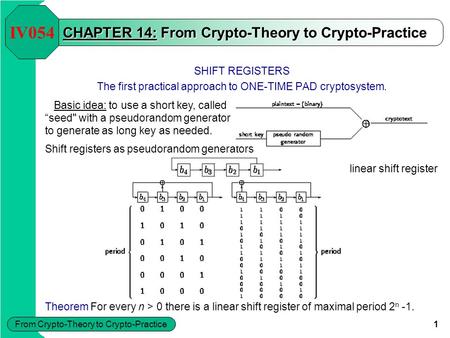 From Crypto-Theory to Crypto-Practice 1 CHAPTER 14: From Crypto-Theory to Crypto-Practice SHIFT REGISTERS The first practical approach to ONE-TIME PAD.