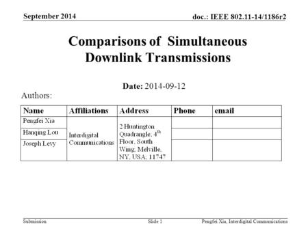 Submission doc.: IEEE 802.11-14/1186r2 September 2014 Pengfei Xia, Interdigital CommunicationsSlide 1 Comparisons of Simultaneous Downlink Transmissions.