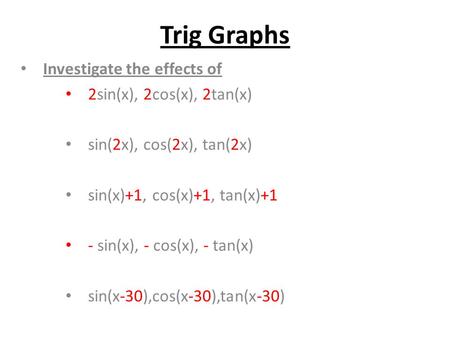 Trig Graphs Investigate the effects of 2sin(x), 2cos(x), 2tan(x)