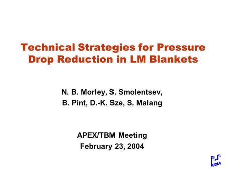 Technical Strategies for Pressure Drop Reduction in LM Blankets N. B. Morley, S. Smolentsev, B. Pint, D.-K. Sze, S. Malang APEX/TBM Meeting February 23,