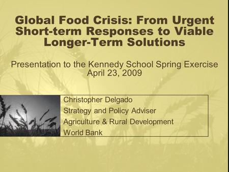 Global Food Crisis: From Urgent Short-term Responses to Viable Longer-Term Solutions Presentation to the Kennedy School Spring Exercise April 23, 2009.