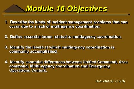 Module 16 Objectives 1. Describe the kinds of incident management problems that can occur due to a lack of multiagency coordination. 2. Define essential.