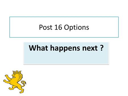 Post 16 Options What happens next ?. Know the options …you must be in education or training until your 18 th birthday 1. Full-time Education  Wiltshire.
