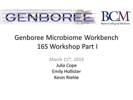 Genboree Microbiome Workbench 16S Workshop Part I March 11 th, 2014 Julia Cope Emily Hollister Kevin Riehle.