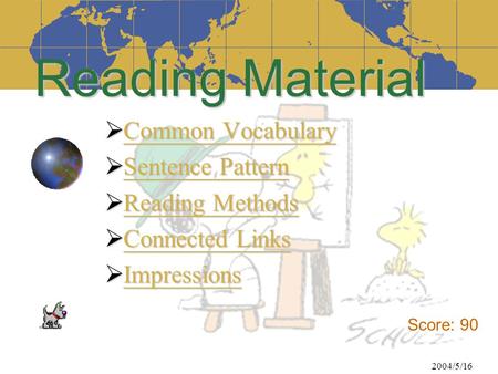 2004/5/16 Reading Material  Common Vocabulary Common VocabularyCommon Vocabulary  Sentence Pattern Sentence PatternSentence Pattern  Reading Methods.