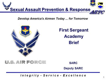 1 Sexual Assault Prevention & Response I n t e g r i t y - S e r v i c e - E x c e l l e n c e First Sergeant Academy Brief Develop America's Airmen Today...