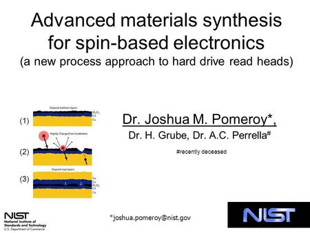 Dr. Joshua M. Pomeroy*, Dr. H. Grube, Dr. A.C. Perrella # #recently deceased (1) (2) (3) Advanced materials synthesis for spin-based.