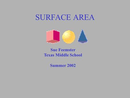 SURFACE AREA Sue Feemster Texas Middle School Summer 2002.
