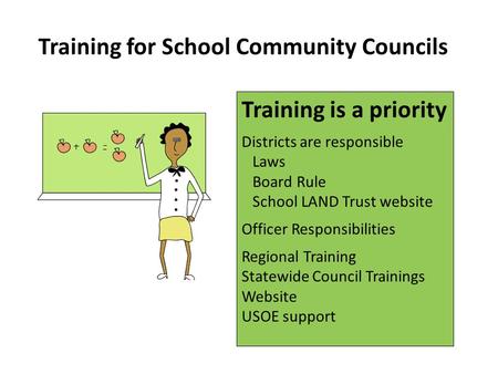 Training for School Community Councils Training is a priority Districts are responsible Laws Board Rule School LAND Trust website Officer Responsibilities.