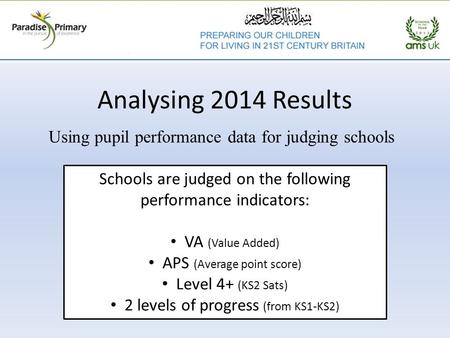 Analysing 2014 Results Using pupil performance data for judging schools Schools are judged on the following performance indicators: VA (Value Added) APS.