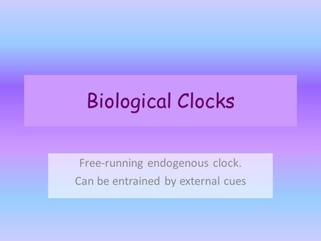 Biological Clocks Free-running endogenous clock. Can be entrained by external cues.
