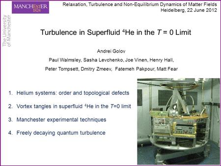 Turbulence in Superfluid 4 He in the T = 0 Limit Andrei Golov Paul Walmsley, Sasha Levchenko, Joe Vinen, Henry Hall, Peter Tompsett, Dmitry Zmeev, Fatemeh.
