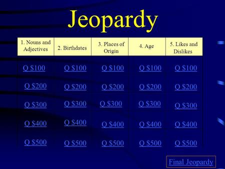 Jeopardy 1. Nouns and Adjectives 2. Birthdates 4. Age 5. Likes and Dislikes Q $100 Q $200 Q $300 Q $400 Q $500 Q $100 Q $200 Q $300 Q $400 Q $500 Final.