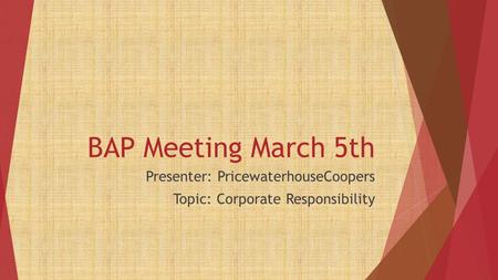 BAP Meeting March 5th Presenter: PricewaterhouseCoopers Topic: Corporate Responsibility.